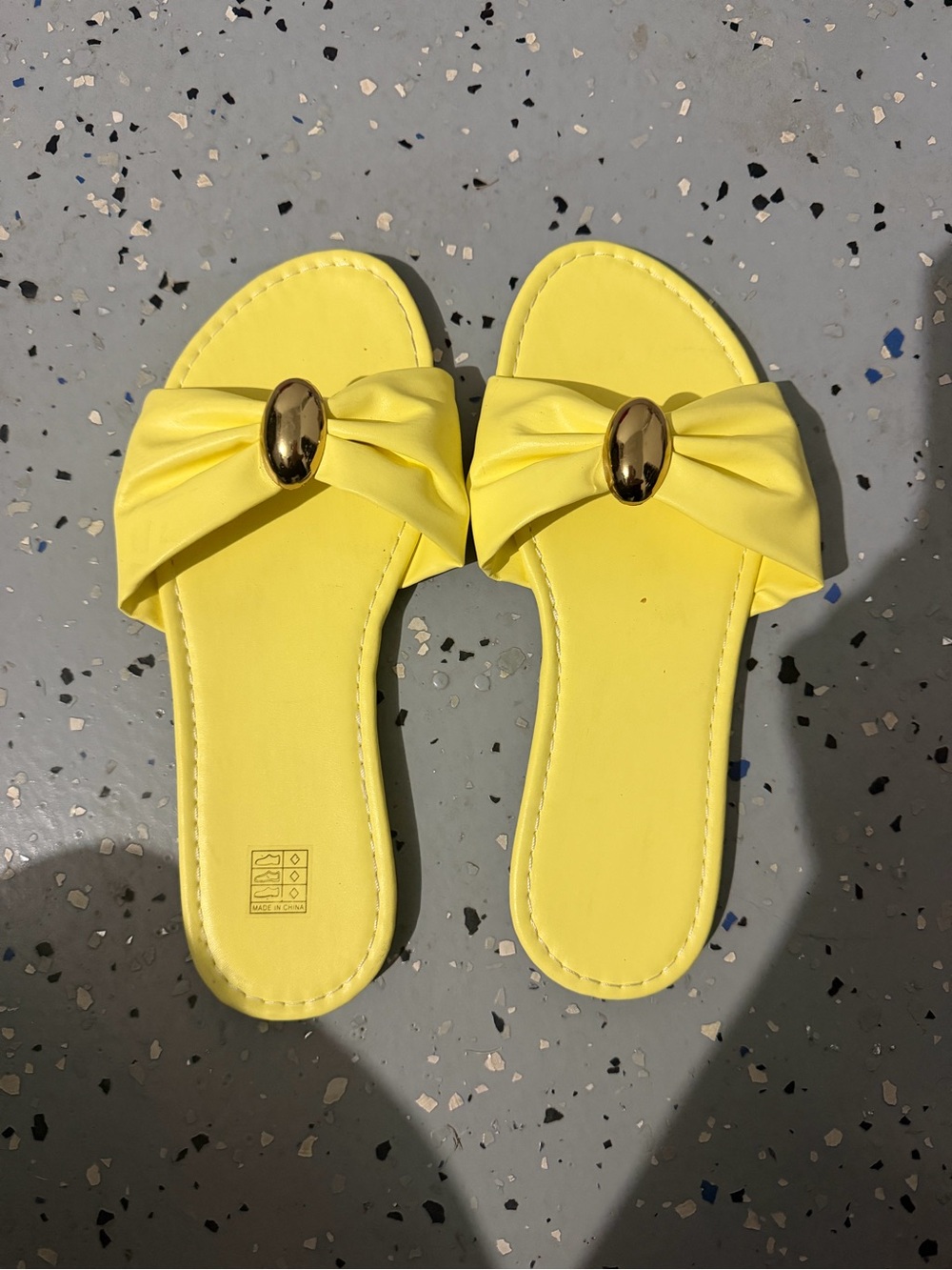 SHEIN Bright Yellow Bow Slide Sandals with Gold Oval Accent